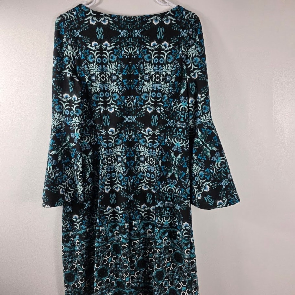 Vince‎ Camuto Bell Sleeve  Dress Black Teal Blue Floral Print Geometric Pattern - Picture 2 of 7